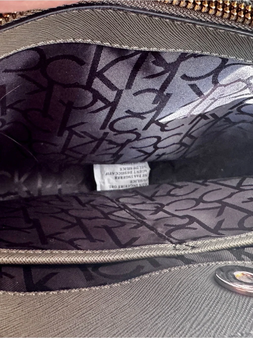 Calvin Klein Monogram Tote Bag in Brown with Olive Green Accent